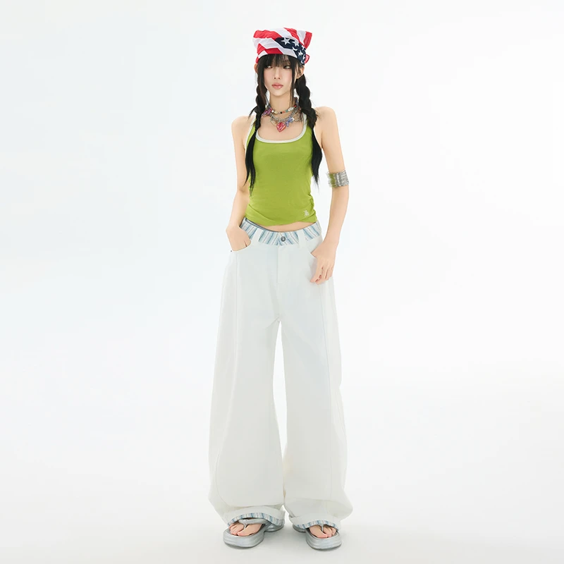 KRO夏季美式复古格纹拼接弯刀长裤2025新款设计感宽松直筒阔腿裤