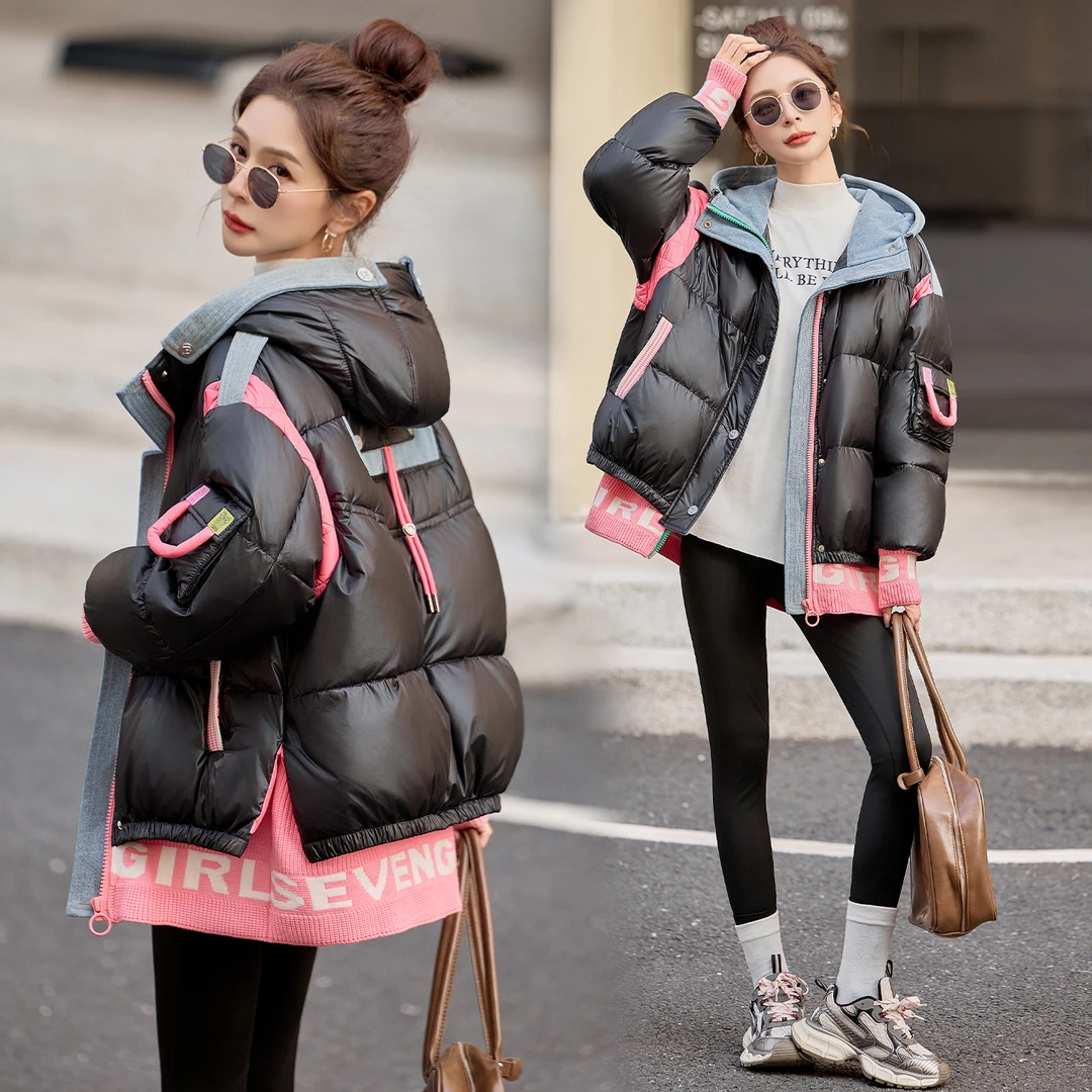 新款假两件连帽泡芙羽绒服女冬超火好看高级小众加厚面包服短外套