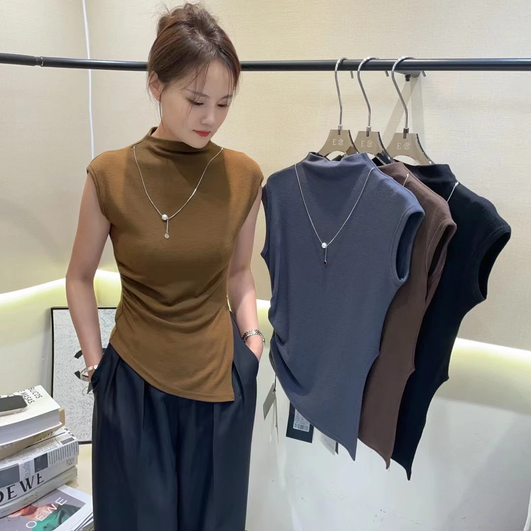 E念6002秋季新款辣妹半高领无袖T恤女设计感小众不规则ins上衣