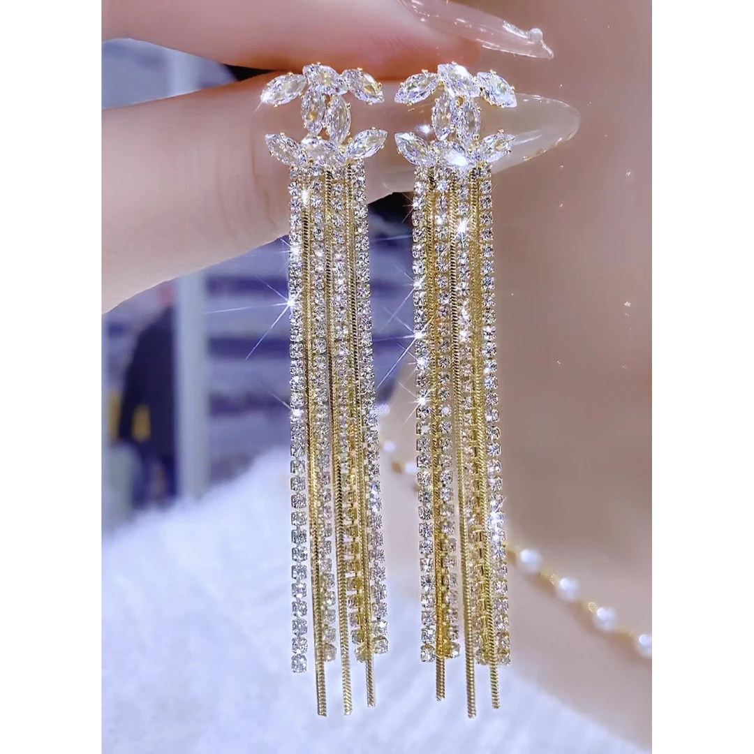 铜合金合成锆石耳饰 气质百搭轻奢时尚优雅交叉流苏耳钉