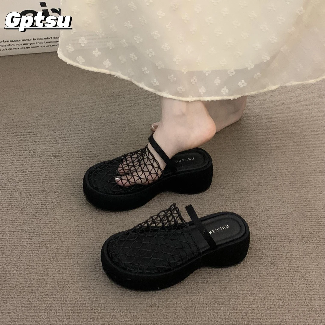 GPTSu内增高高跟镂空黑色透气包头凉鞋女夏季镂空松糕勃肯半拖鞋