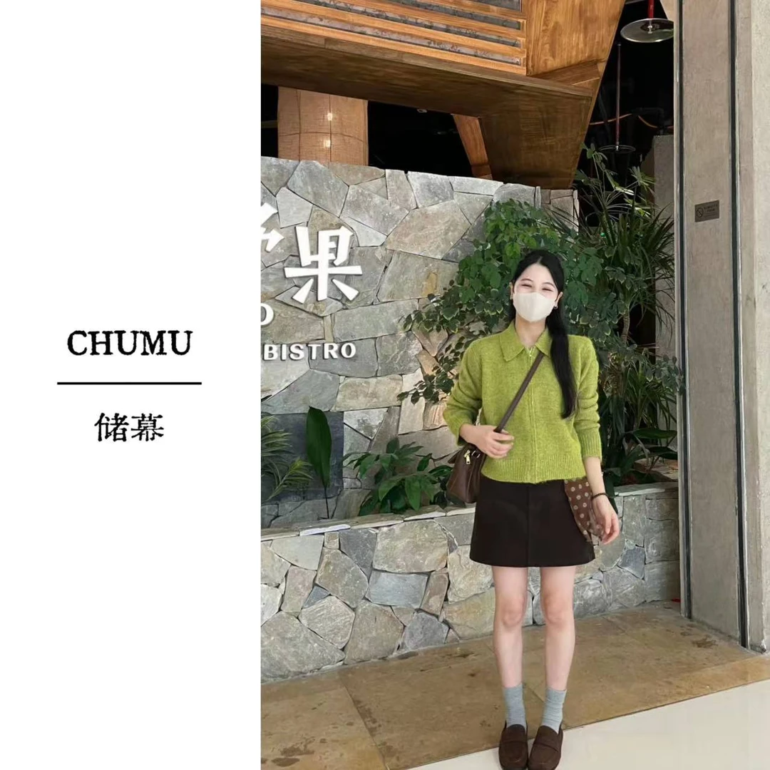 CHUMU/储慕【翻领毛衣】毛衣开衫秋冬宽松慵懒风纯色百搭针织外套