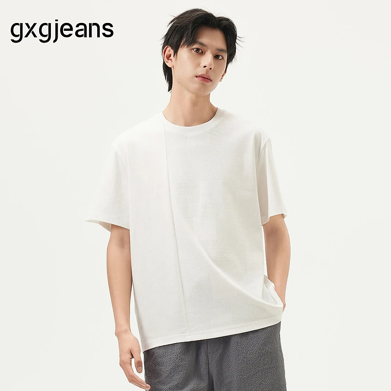gxg.jeans男装 白色拼接肌理简约休闲圆领短袖T恤男士 25夏新品