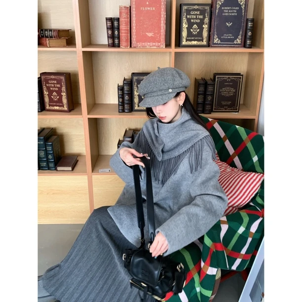 赵小小【冬日午后】9527 冬季百搭圆领纯色毛呢羊毛大衣围巾外套女