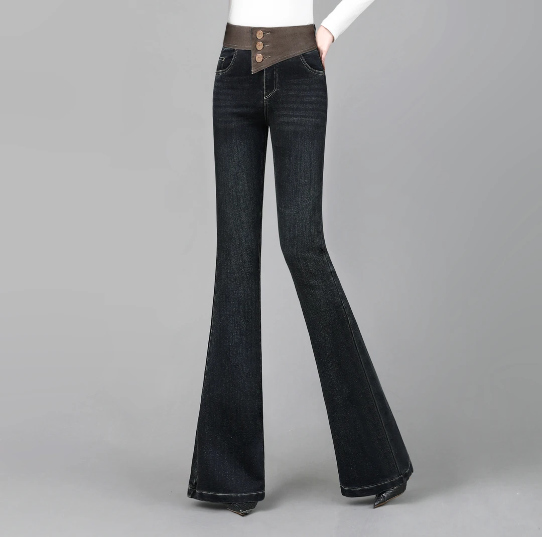 牛仔喇叭裤女修身2025秋冬新款大长腿显瘦高腰提臀深色微喇拖地裤