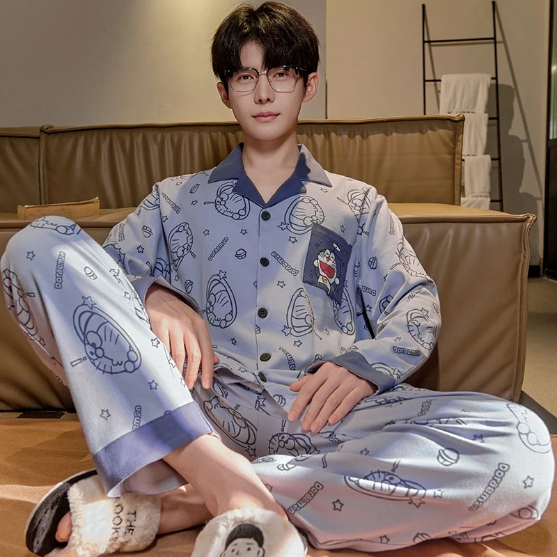 浪漫春天春秋季睡衣男士2025年新款长袖青少年学生卡通翻领家居服
