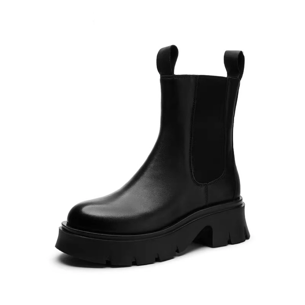 [超哥专属]新款中跟套筒一脚伸真皮烟筒靴英伦风厚底马丁靴女2028