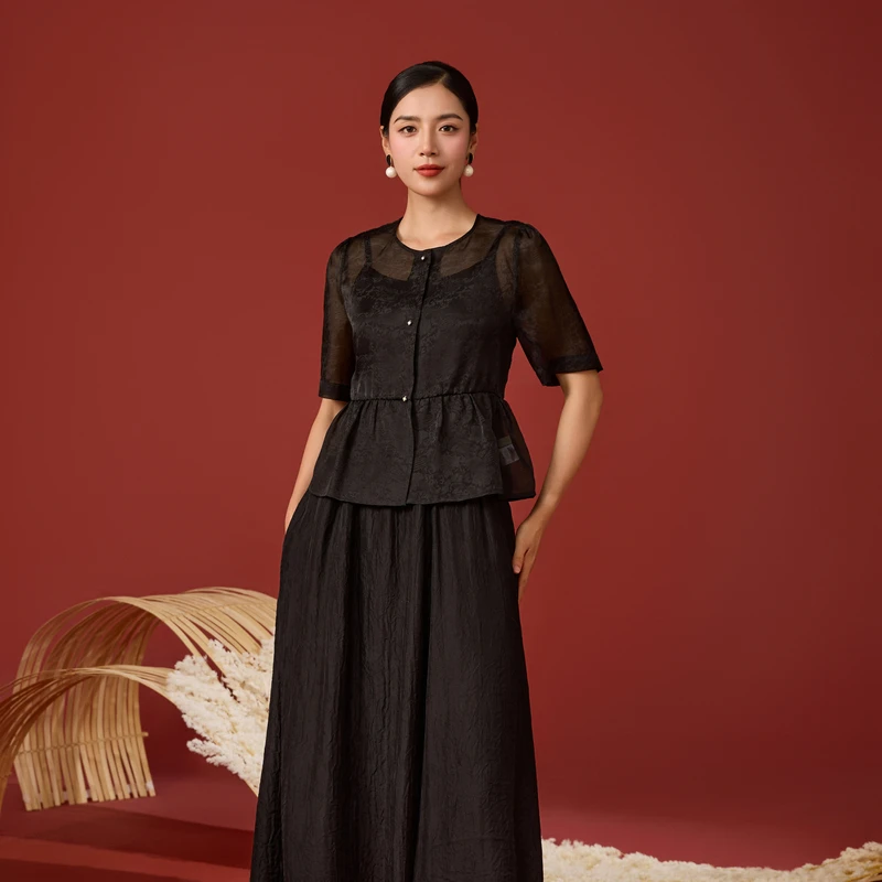 韦小宝25年夏季新款纯色透气送吊带桑蚕丝短袖外套-6525114001