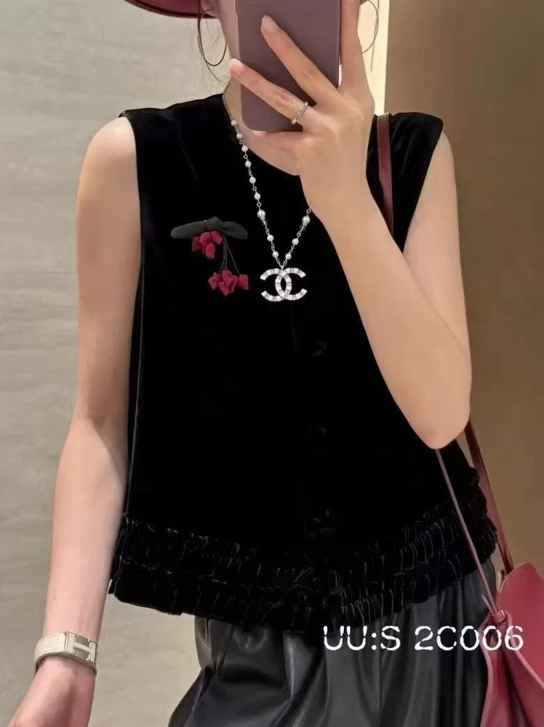 【钰姐精选】小辣椒胸针木耳边丝绒马甲复古中式百搭时尚无袖