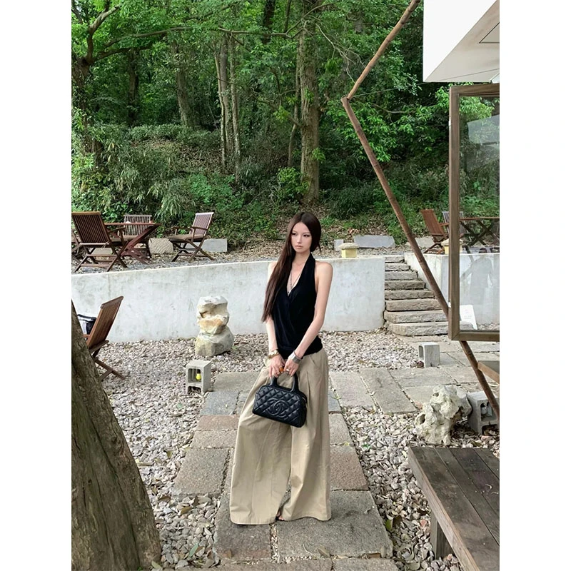 2025春夏季新款修身显瘦气质时尚设计感无袖挂脖上衣休闲宽松长裤