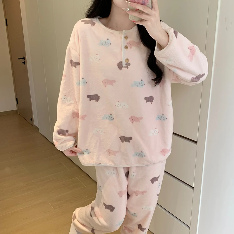 法兰绒睡衣女秋冬季新款可爱甜美风厚款长袖长裤可外穿家居服套装