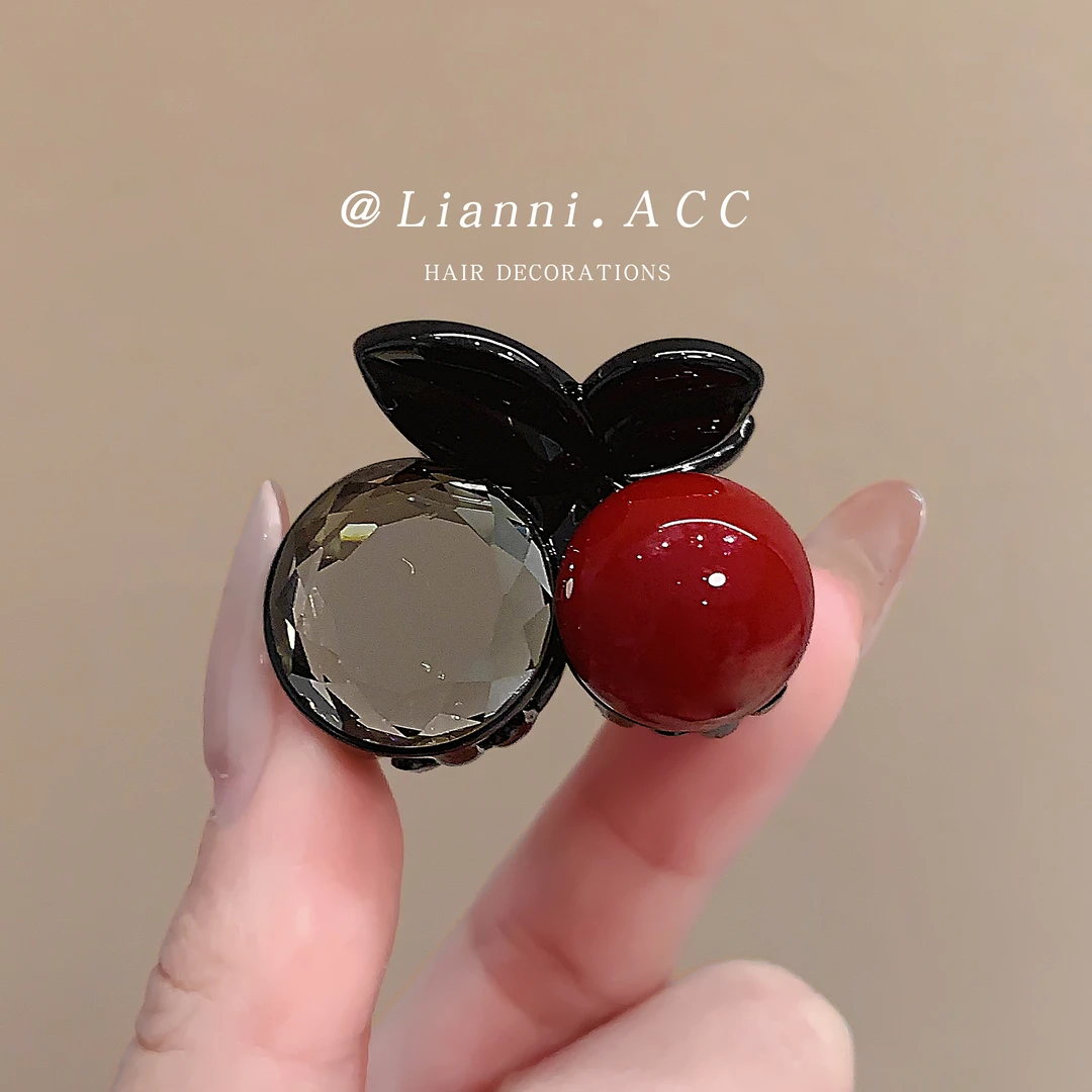 新年红色樱桃发夹女侧边碎发刘海夹后脑勺半扎发小号迷你发卡头饰