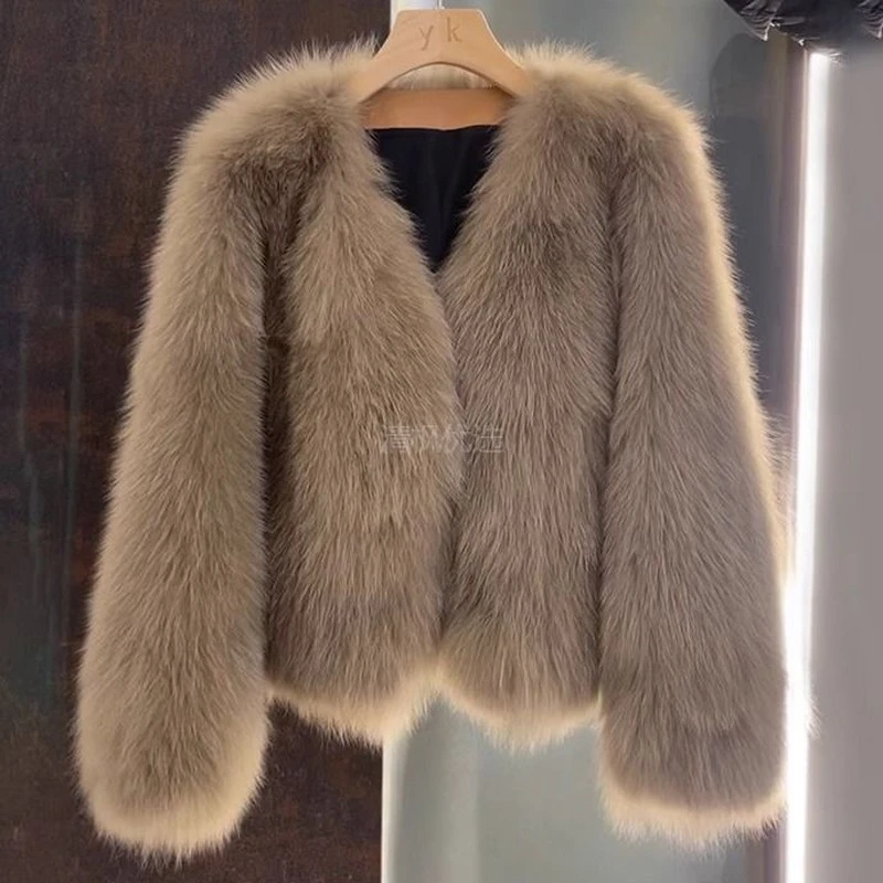 清枫优选爆款皮草外套女2025秋冬季新款仿狐狸毛v领上衣百搭定制