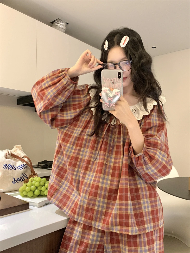 睡衣女2025春秋新款韩版甜美蕾丝娃娃领格子长袖本命年家居服套装