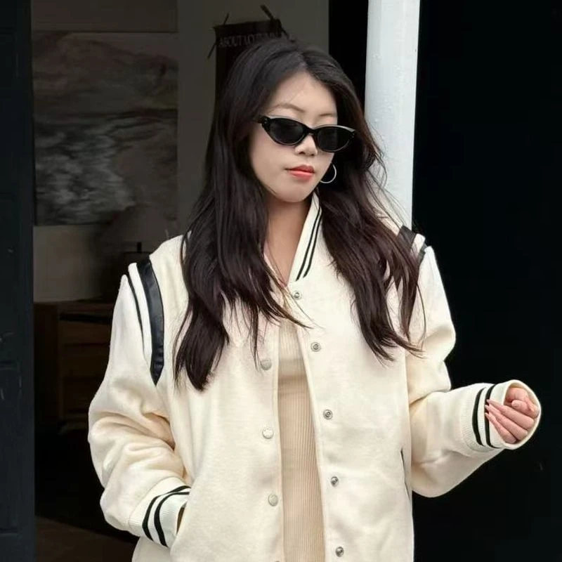 【夹棉】秋冬美式学院风撞色宽松情侣款短外套棒球服女外套LW004