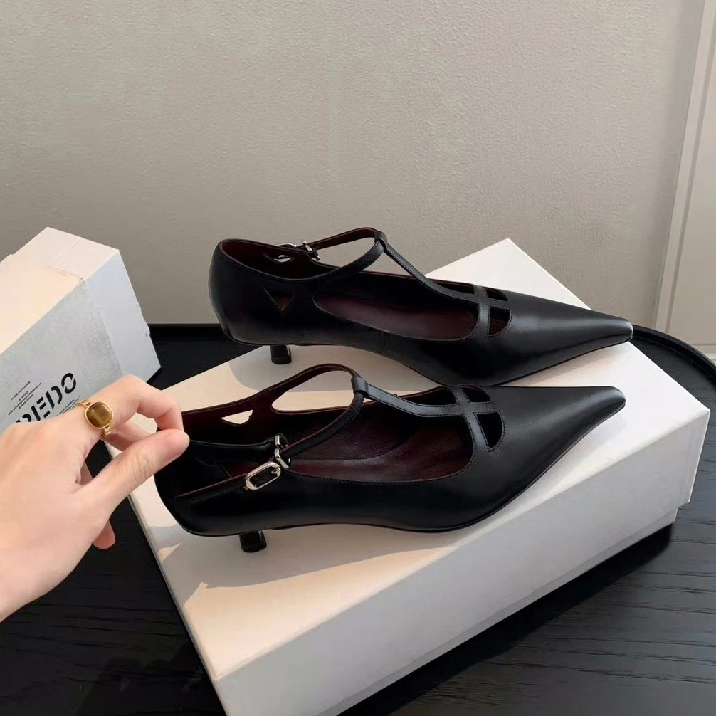 羊皮版~优雅尖头T字带真皮法式小猫跟单鞋女高跟鞋中跟玛丽珍瓢鞋