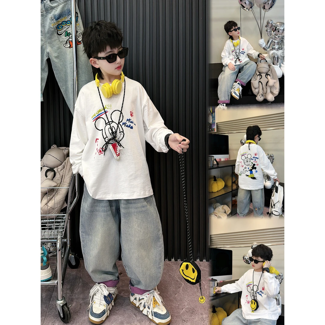 蛋蛋家【童趣卡通】春款时尚街头男童白色卡通老鼠印花长袖T恤