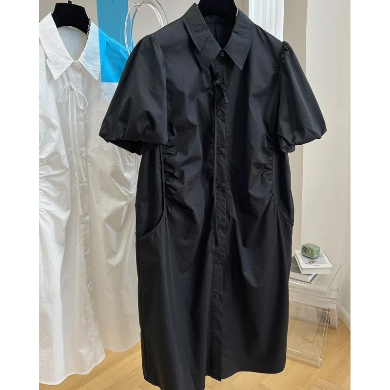 K8206设计感小众高端气质独特别致灯笼短袖衬衫裙女夏连衣裙长裙