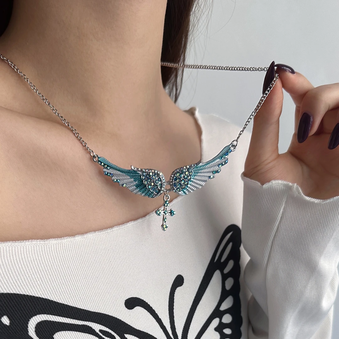 合金项链 X5371-1简约精致百搭轻奢个性小众甜酷蓝色天使之翼项链