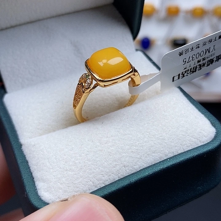 蜜蜡银S925镀金镶嵌戒指