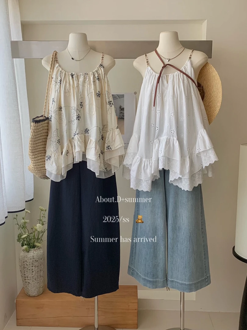 不规则荷叶边重工抽褶女式吊带裙上衣度假风洋气设计感夏季宽松