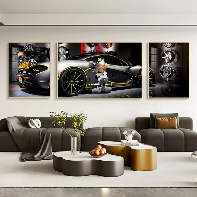 现代轻奢汽车客厅装饰画潮牌米奇沙发背景墙三联画卡通米老鼠挂画