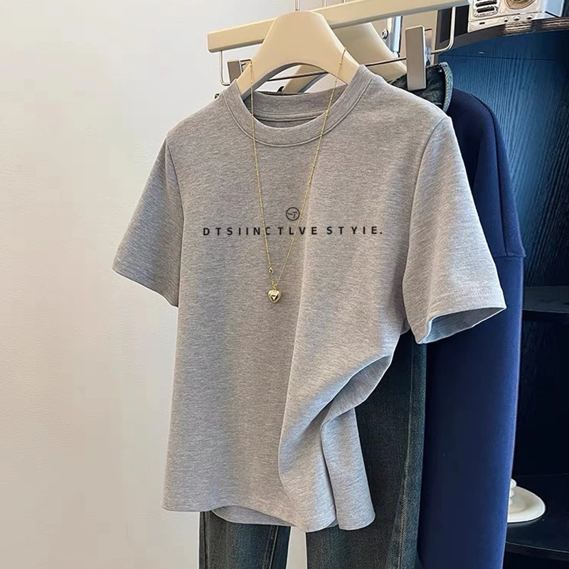 夏季薄款2025年新款正肩纯棉短袖t恤女百搭洋气灰色上衣打底衫潮