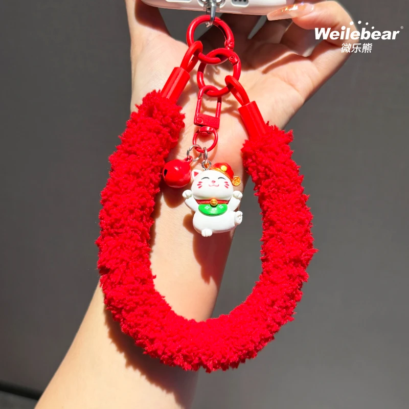 秋冬毛绒手机挂绳手腕式绳卡通创意招财猫钥匙扣挂件手提防摔腕带