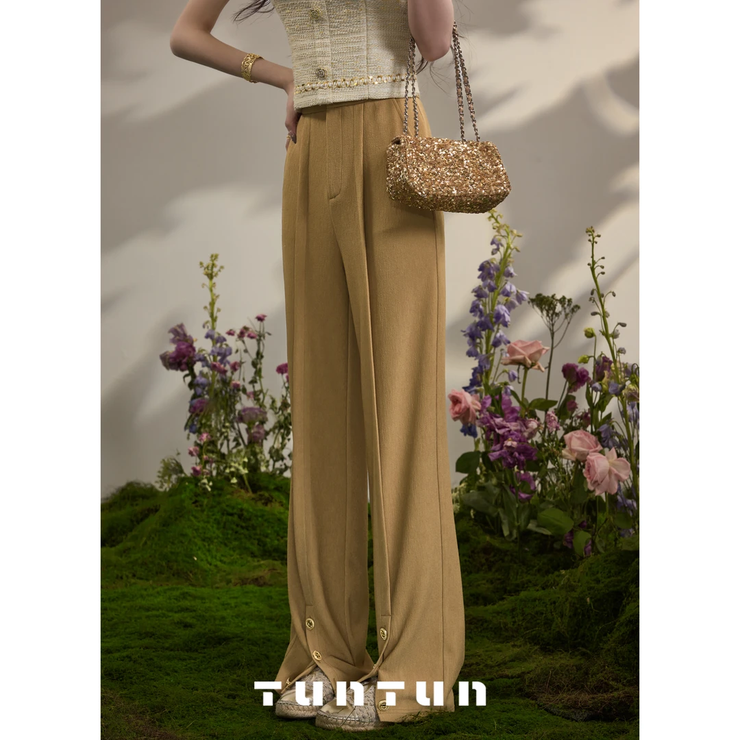 吞吞TUNT【尼泊尔晚风】老钱氛围流光风 开衩显瘦后中橡筋长裤