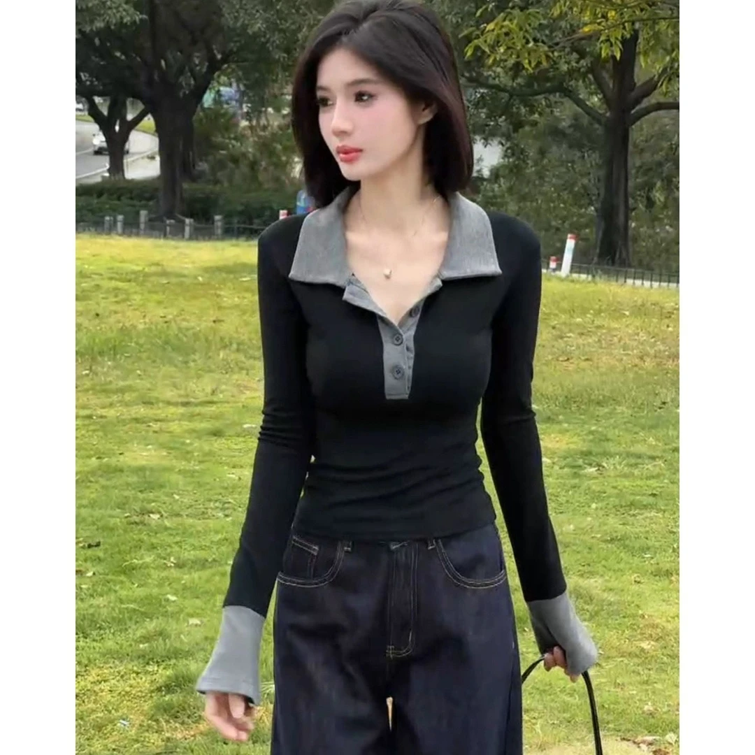 【POLO领假两件】性感纯欲Polo领拼色长袖T恤内搭打底衫