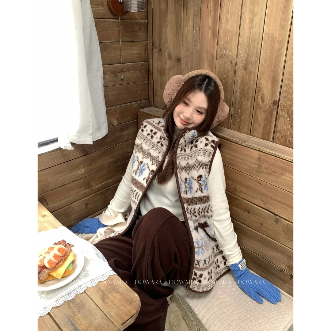 现货3050X 大婉酱肉肉微胖定制【拉花摩卡】冬季宽松双面正肩马甲女