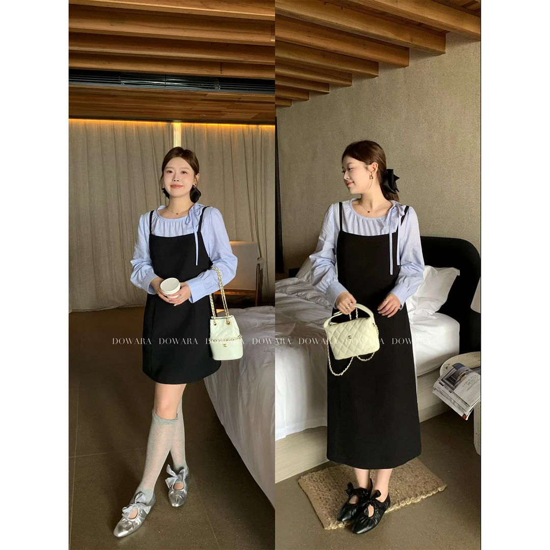 现货大婉酱微胖定制韩版假两件连衣裙早春气质显瘦A字长袖裙7711D