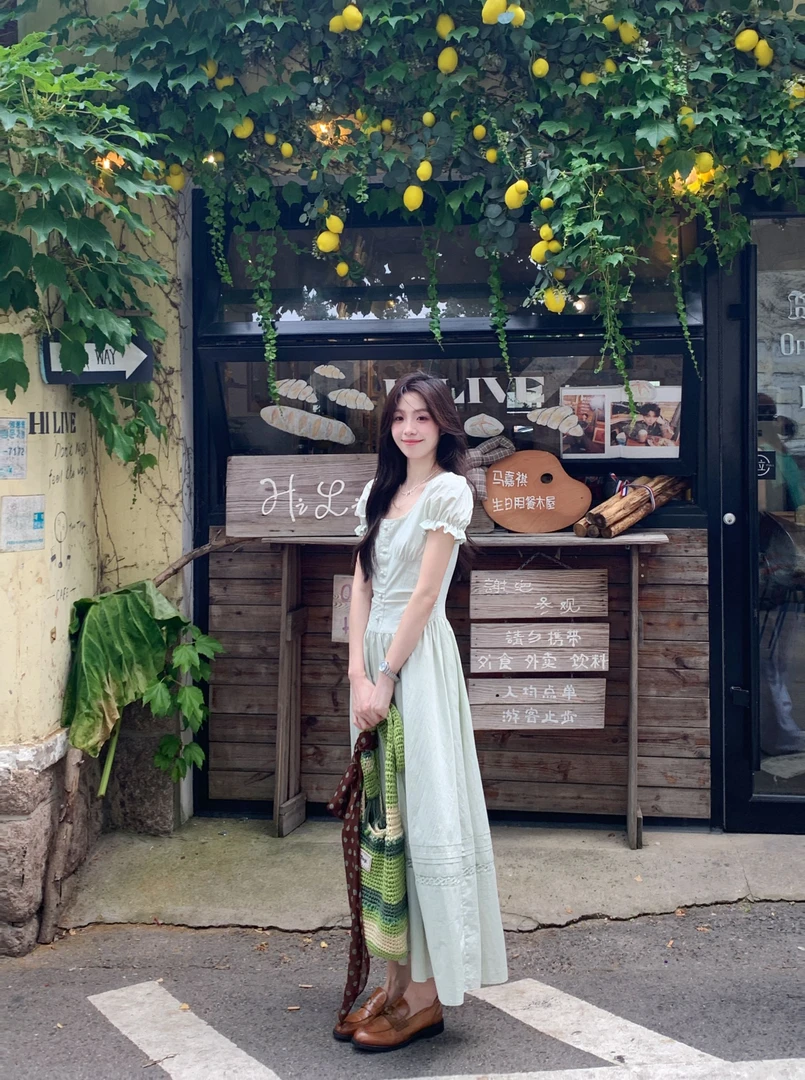 Even一雯【薄荷珍珠】韩系高智感90棉 法式收腰气质精致短袖连衣裙