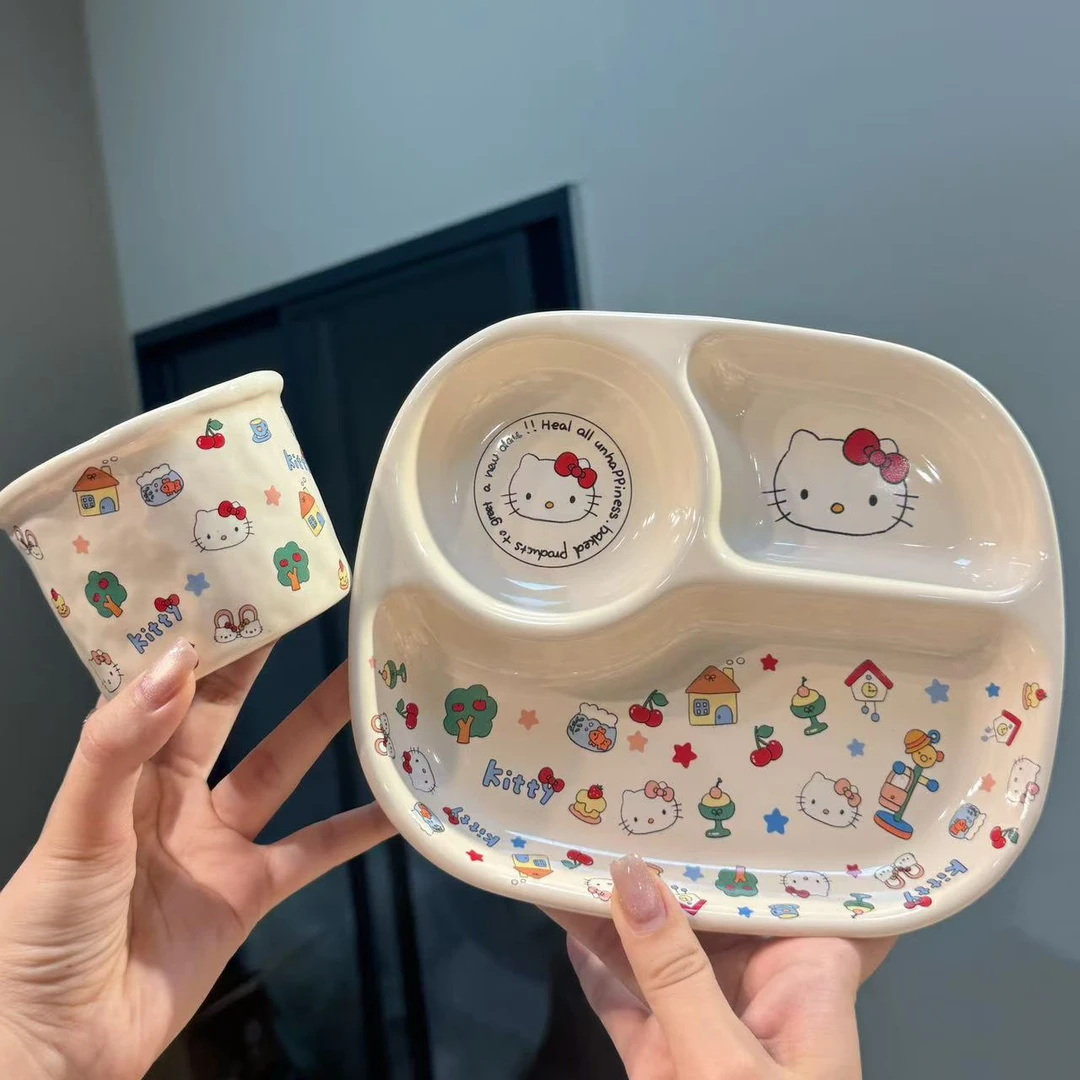 【圆和圈】出口尾单 乐园小猫三格分餐盘+手握杯 高温陶瓷两件套