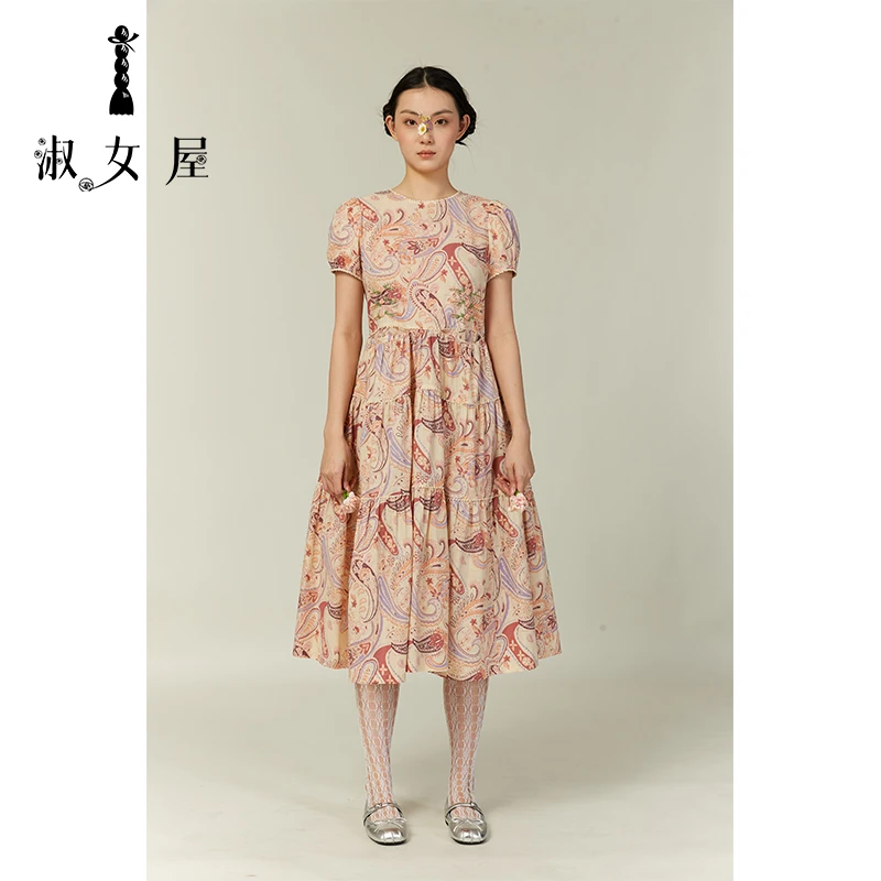 淑女屋官方旗舰店法国上尉的情人涡形纹印花连衣裙②号100%纯棉夏