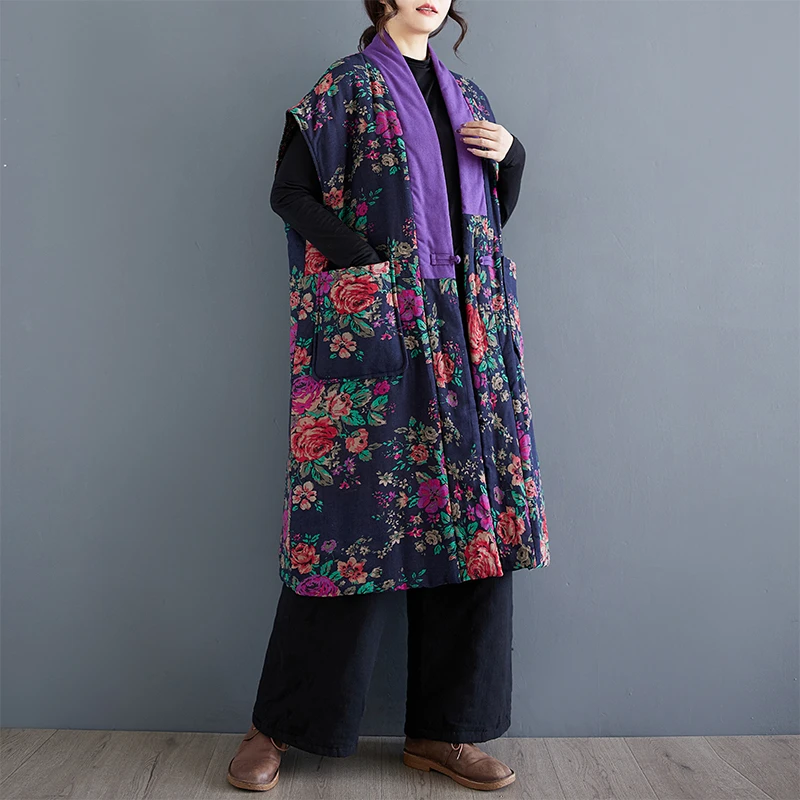 民族风坎肩印花口袋盘扣马甲女秋冬季时尚保暖文艺中长款风衣外套