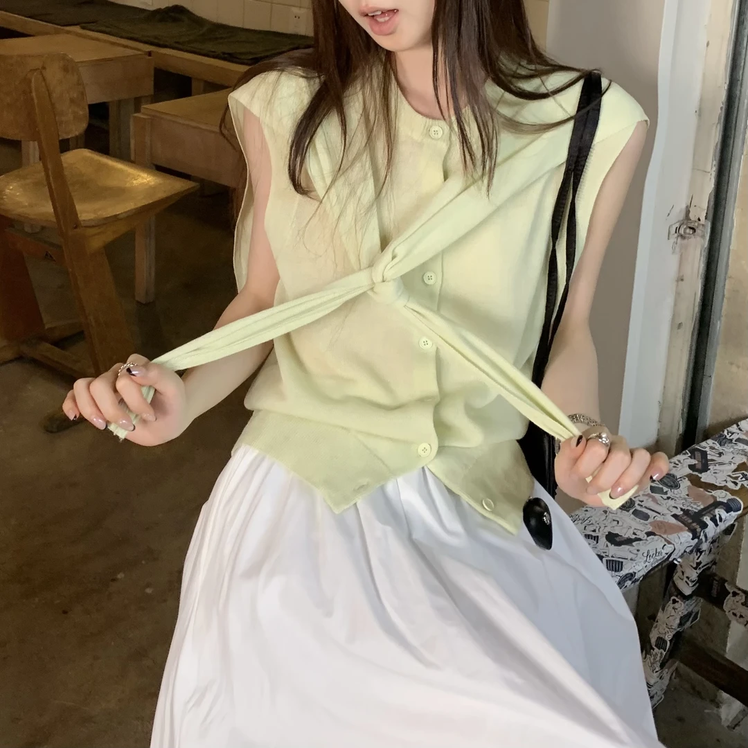 夏日调色盘～韩系温柔气质无袖毛衣披肩假两件毛衣显瘦设计感百搭