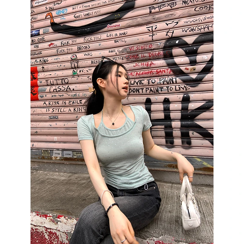 YOKLASS少女家 【清清】绿色时尚T恤薄款短袖上衣 T19953S42