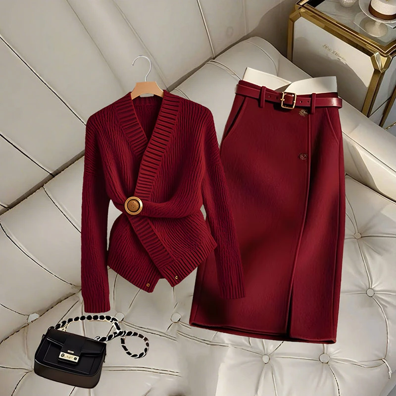 秋冬气质穿搭一整套女盐系红色针织衫毛衣设计感百搭半身裙套装裙