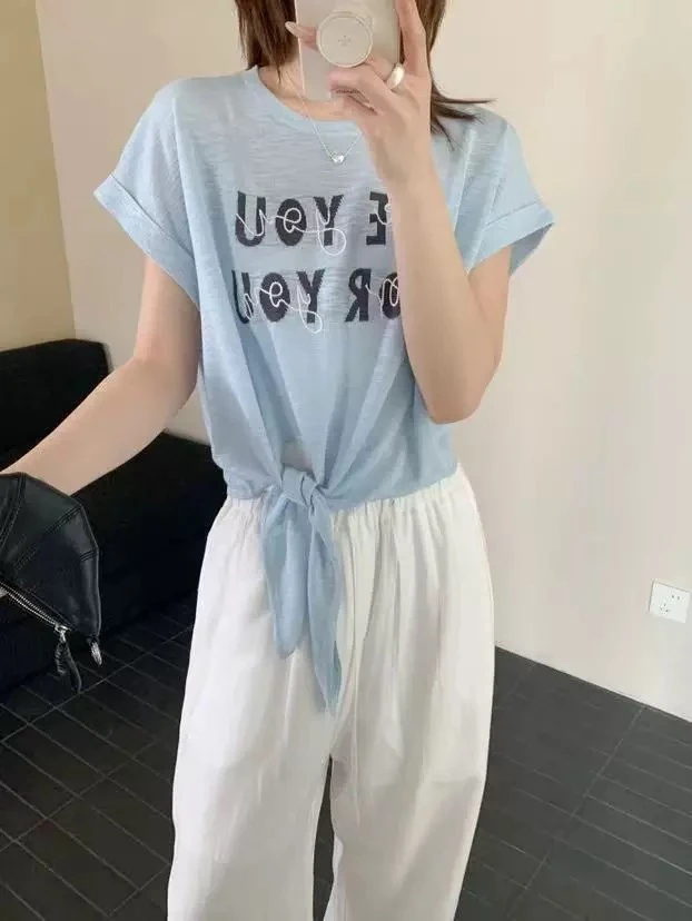 【锦衣服饰】715-1 时尚百搭打结设计超显腰身短袖T恤