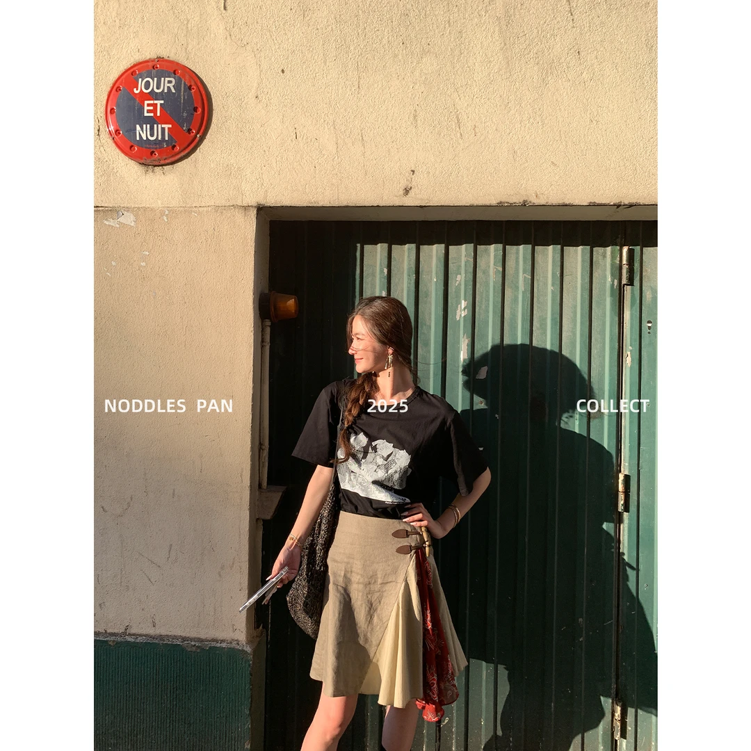 TOROON 新款复古麻料半身裙女夏季高腰显瘦设计感撞色拼接a字短裙