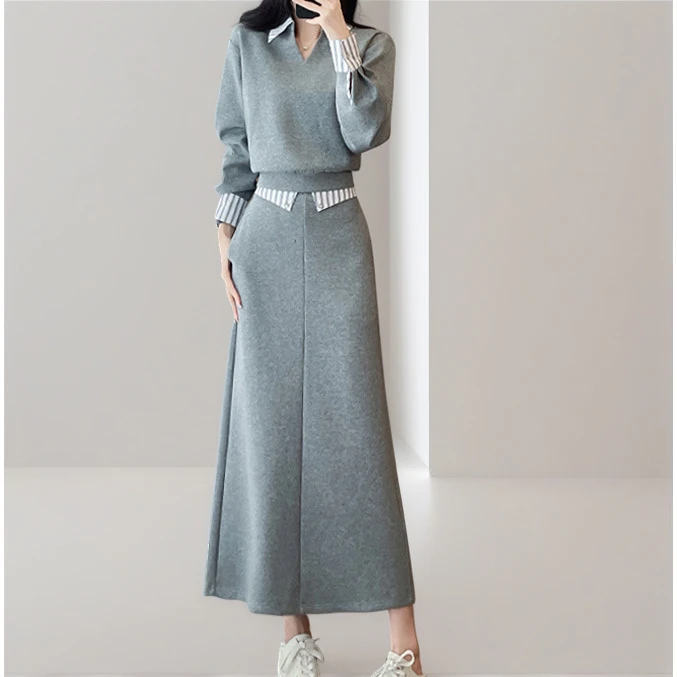 女春季新款时尚高级感休闲条纹上衣半身裙御姐上班通勤穿搭两件套