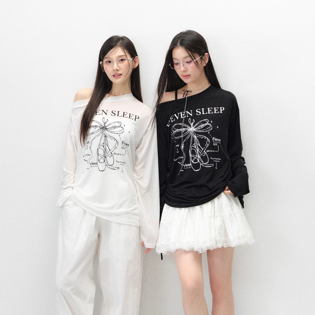 ELEVEN SLEEP原创印花宽松薄款微透莱赛尔凉感罩衫斜肩长袖女上衣