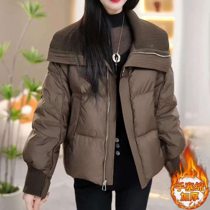 韩版纯色拼接翻领棉服女2025冬季新款时尚洋气爆款保暖棉衣短外套