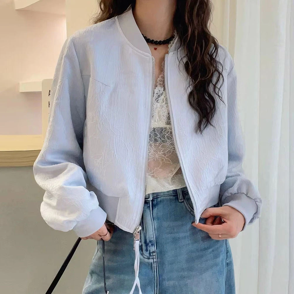 韩版宽松拉链肌理感长袖拼接拉链休闲棒球服秋季新款减龄纯色外套