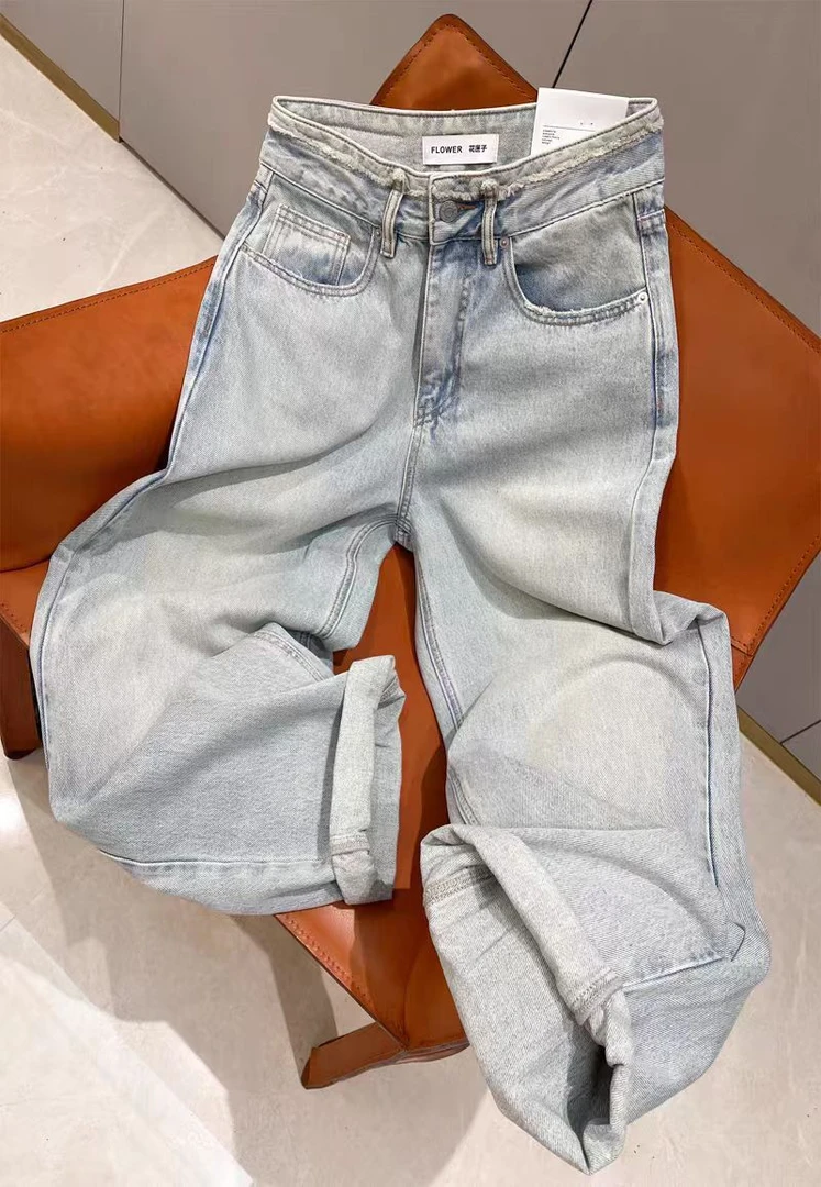 SU【066】花501 本本  梨形身材显瘦！浅蓝色宽松磨破牛仔阔腿老爹裤