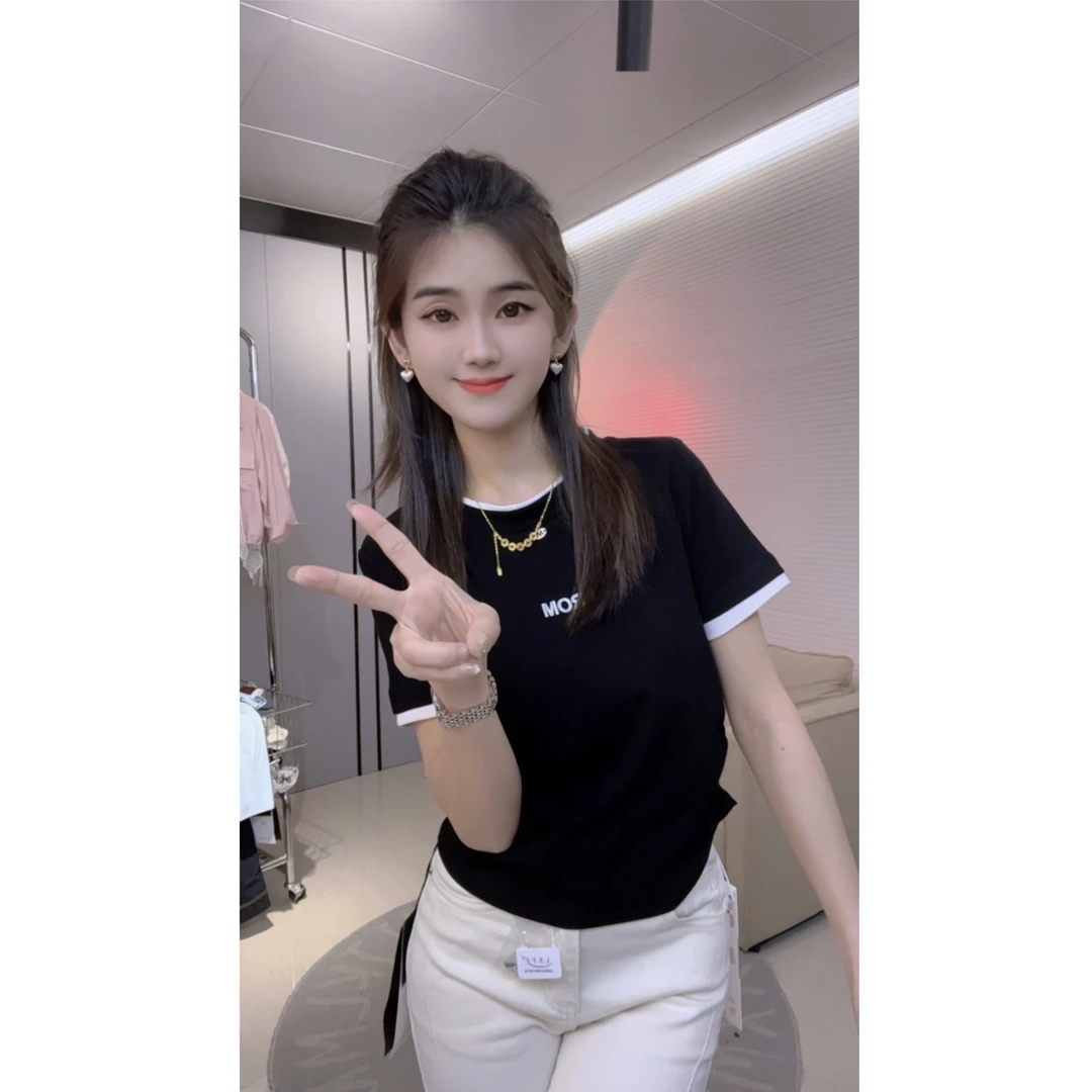 修身撞色洋气短袖T恤女2025新款欧货夏季爆款时尚设计感印花体恤