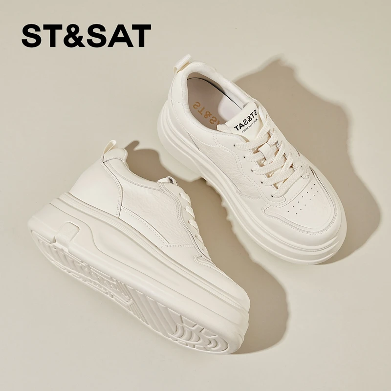 星期六真皮10cm内增高小白鞋女2025秋季新款学院风板鞋松糕休闲鞋