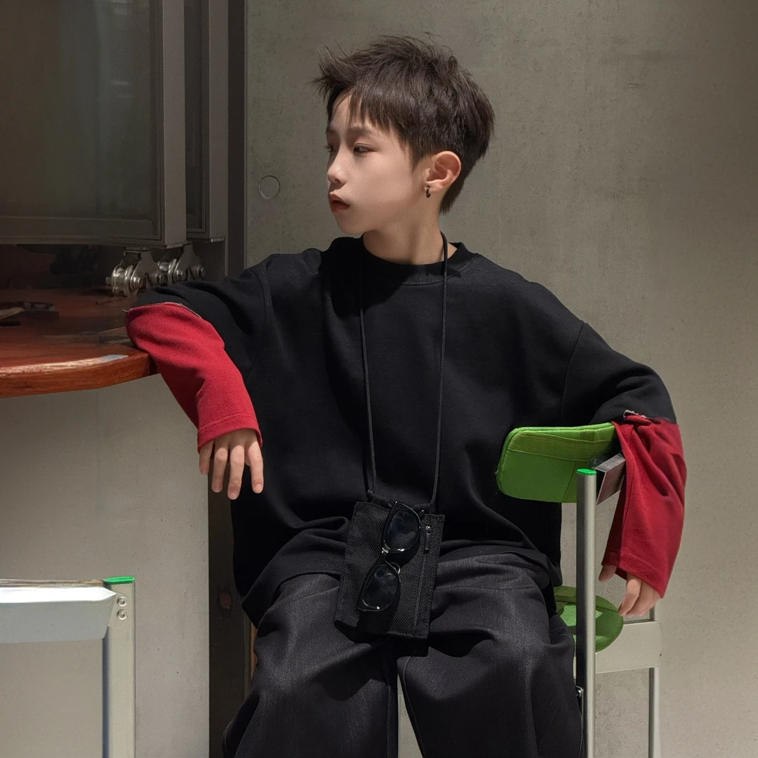 现货 CHU YAO 【红日】秋款韩版童装拼接袖打底衫卫衣潮酷25002