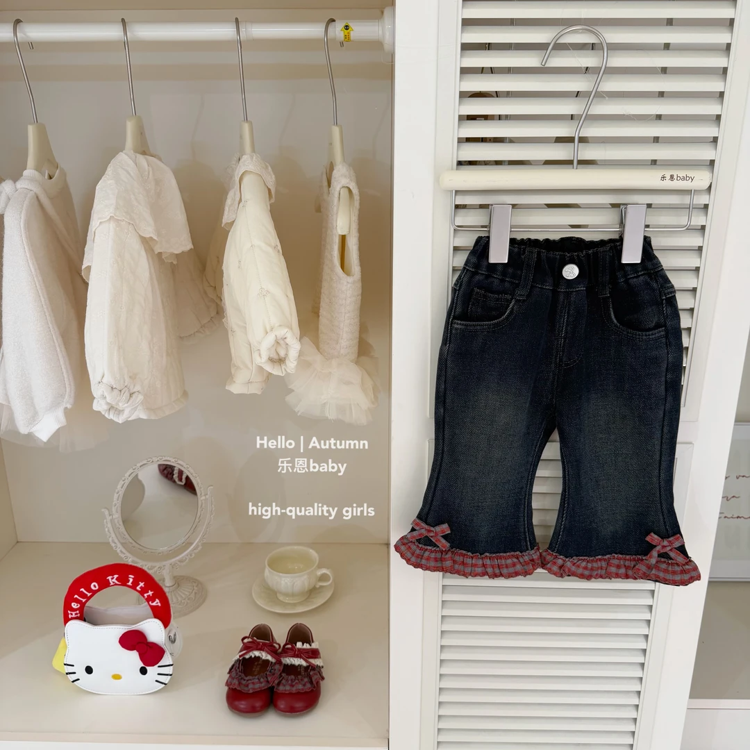 【乐恩童装】原创设计冬季女童牛仔加绒喇叭裤宝宝韩系保暖休闲裤